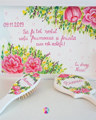 Set pentru Mireasa ,tava,perie,oglinda pictate manual