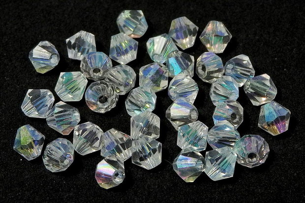Cristale din sticla, biconice, 4 mm, AB, Aurora Borealis