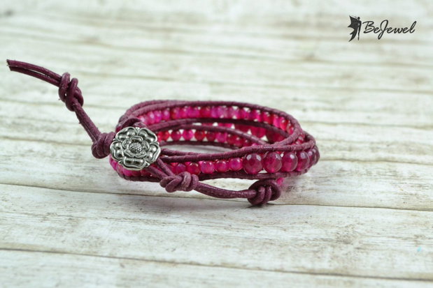 Bratara wrap cu snur de piele si mix de agate ''Magenta Madness''