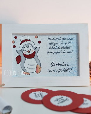 Tablouas Craciun pictat manual personalizat cu mesaj pinguin