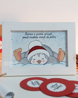 Tablouas Craciun pictat manual personalizat cu mesaj pinguin