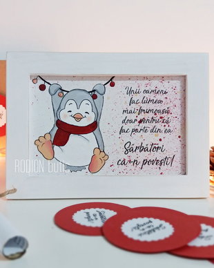 Tablouas Craciun pictat manual personalizat cu mesaj pinguin