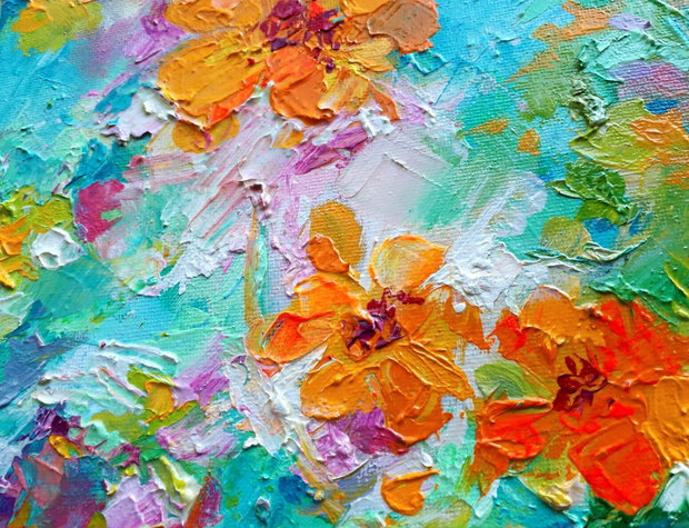 Tablou in Ulei pe Panza- Flori de Toamna, Impasto, Texturat, Galben