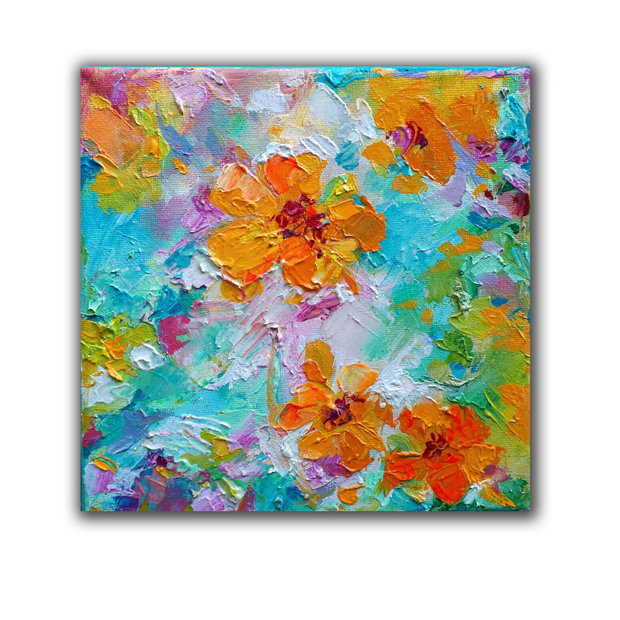 Tablou in Ulei pe Panza- Flori de Toamna, Impasto, Texturat, Galben