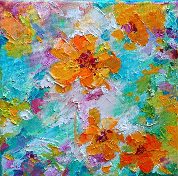 Tablou in Ulei pe Panza- Flori de Toamna, Impasto, Texturat, Galben