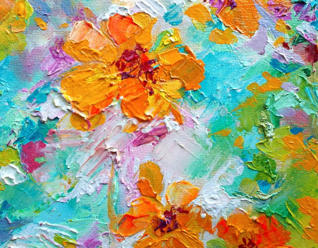 Tablou in Ulei pe Panza- Flori de Toamna, Impasto, Texturat, Galben