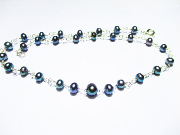Colier argint si perle de cultura negre-verzui-albastrui [peacock]