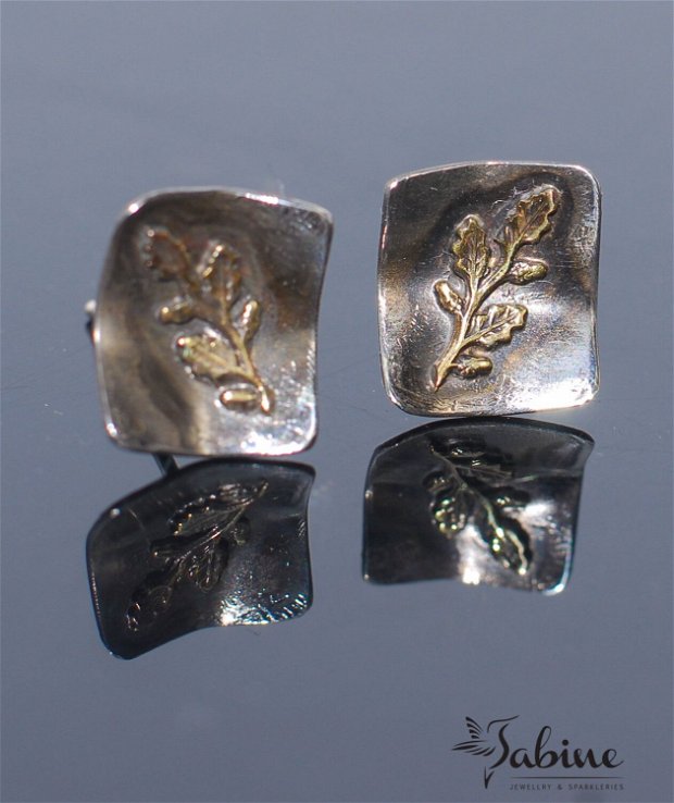 Cercei argint 925 cu frunzulite din alama, cercei mici, cercei cu surub