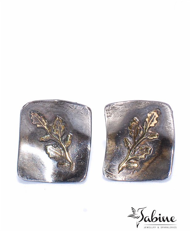 Cercei argint 925 cu frunzulite din alama, cercei mici, cercei cu surub