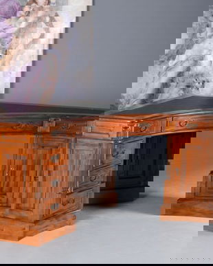 Birou de colt din lemn masiv mahon cu tapiterie neagra