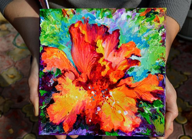 Tablou Pictat Manual pe Panza, Floare de Iris 2, Texturat, Reliefat, Cutit de Paleta, Unicat, Ideal Cadou de Craciun, 20x20x0.5 cm