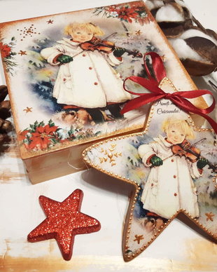 Set format din cutie lemn si decoratiune in forma dea stea, 14 cm, cadou profesori