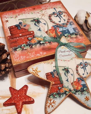 Set format din cutie lemn si decoratiune in forma dea stea, 14 cm, cadou profesori