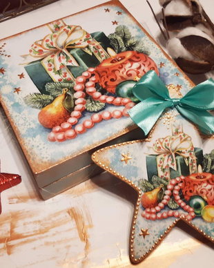 Set format din cutie lemn si decoratiune in forma dea stea, 14 cm, cadou profesori