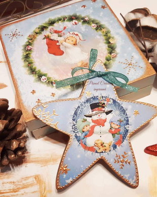 Set format din cutie lemn si decoratiune in forma dea stea, 14 cm, cadou profesori