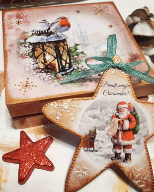 Set format din cutie lemn si decoratiune in forma dea stea, 14 cm, cadou profesori