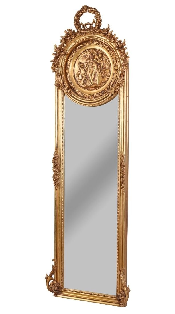 Oglinda Jugdenstill din cristal cu o rama aurie si medalion cu ingerasi