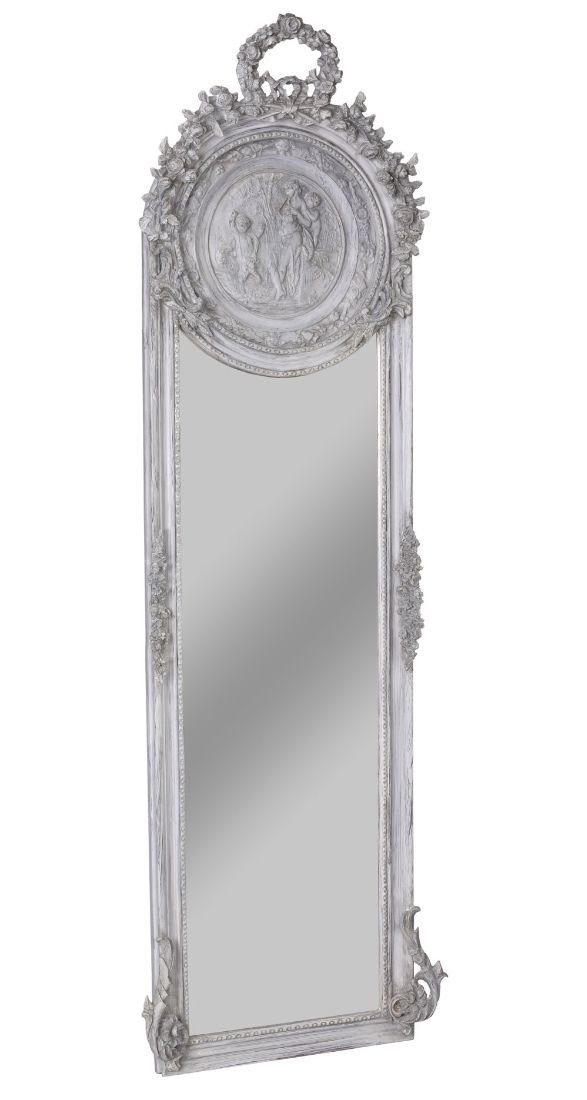 Oglinda Jugdenstill din cristal cu o rama gri deschis si medalion cu ingerasi