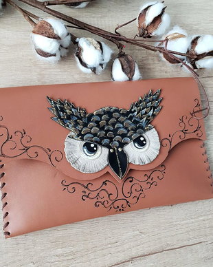 poseta plic handmade unicat din piele - Vintage Owl