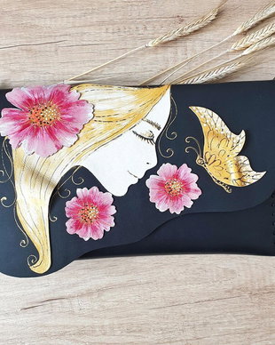 poseta plic handmade unicat din piele - Red Flower Power
