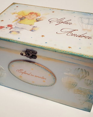 Cufar / Cutie trusou botez baieti, tema baloane de aer, 30*20*18 cm sau 40*30*20 cm