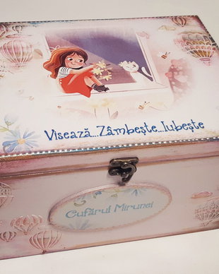 Cufar / Cutie trusou botez fetita, tema baloane de aer, 30*20*18 cm sau 40*30*20 cm
