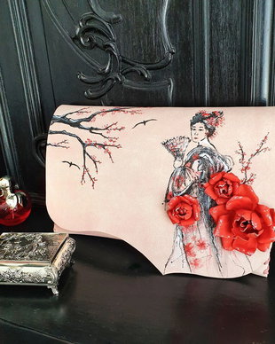 poseta plic handmade unicat din piele naturala-Sakura Geisha