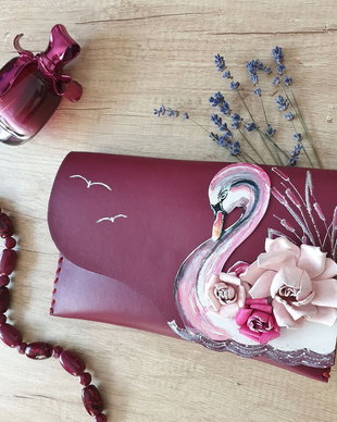 poseta plic handmade unicat din piele - Swan