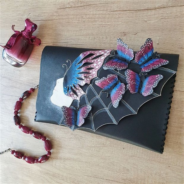 Poseta plic handmade unicat din piele naturala - Lady Butterfly