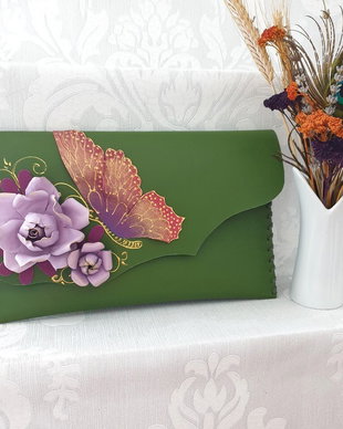 poseta plic handmade unicat din piele -Fresh Green