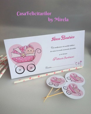 Plic de bani botez fetite- carucior roz