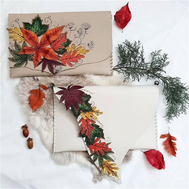 poseta plic handmade unicat din piele naturala -Fall Leaves