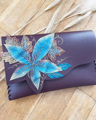 poseta plic handmade unicat din piele - Teal Leaves