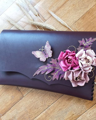 poseta plic handmade unicat din piele -Pink Roses
