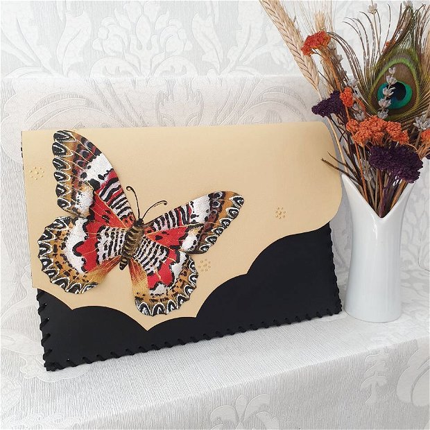 poseta plic handmade unicat din piele - Summerish Butterfly