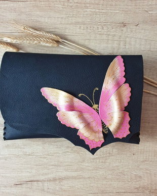 poseta plic handmade unicat din piele - Lila Butterfly