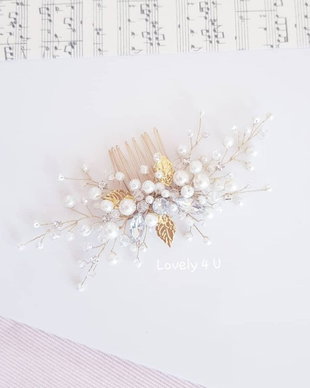 Martha-gold *Accesoriu de par mireasa cu cristale si perle, Pieptan mireasa cu perle