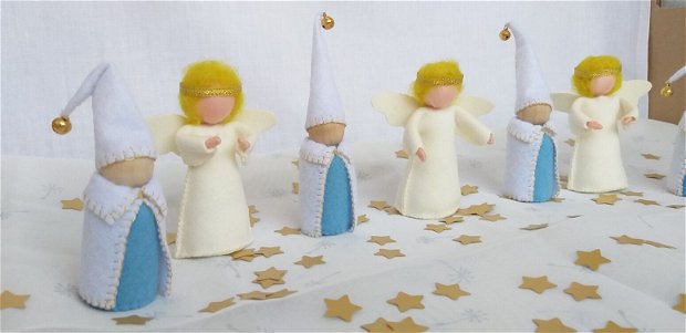 Gnomi și Îngeri handmade din lemn, fetru și lână, pedagogia Waldorf