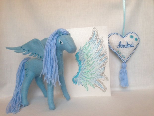 Unicorn albastru handmade din fetru, set cadou aniversari