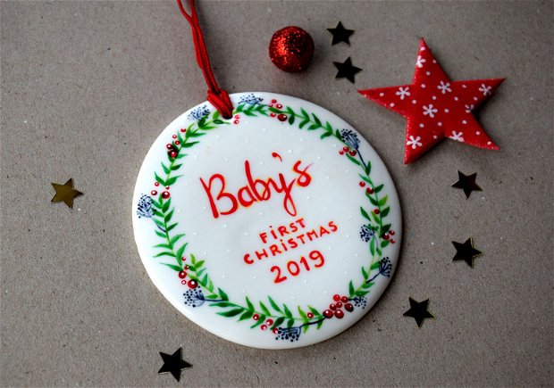 Ornament de Craciun, din Portelan, Personalizat - "Baby's First Christmas 2019"