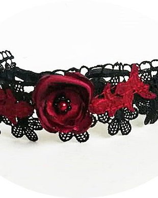 chocker dantela si floare negru / grena