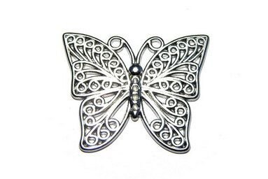 Pandantiv metalic, argintiu antichizat, fluture, 34x39.5 mm
