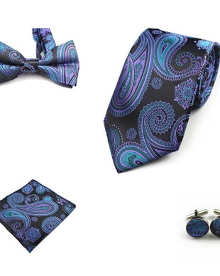Set din matase contine papion, cravata, batista, butoni