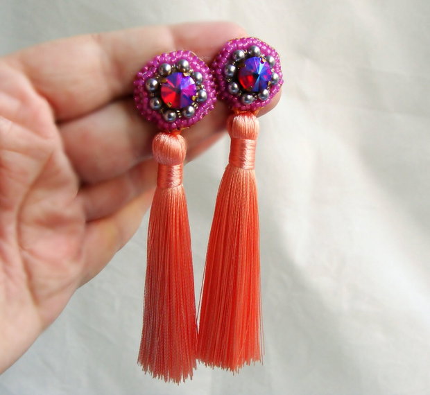 Cercei Fucsia si Piersica si perle Swarovski