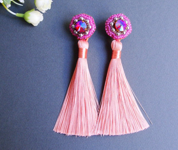 Cercei Fucsia si Piersica si perle Swarovski
