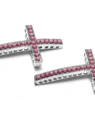 Link din alama, cu perle din acril, platina, cruciulita, 48x24 mm