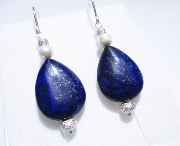 Cercei argint, lapis lazuli si perle de cultura albe