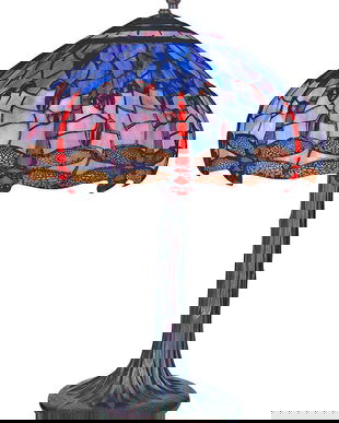 Lampa Tiffanny din bronz cu abajur din sticla cu libelule