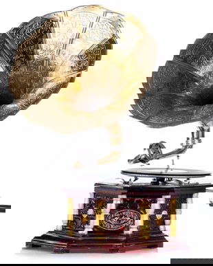 Gramofon hexagonal din lemn mahon cu decoratiuni aurii