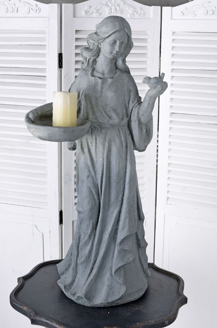 Statueta de gradina din polystein cu o femeie cu pasare